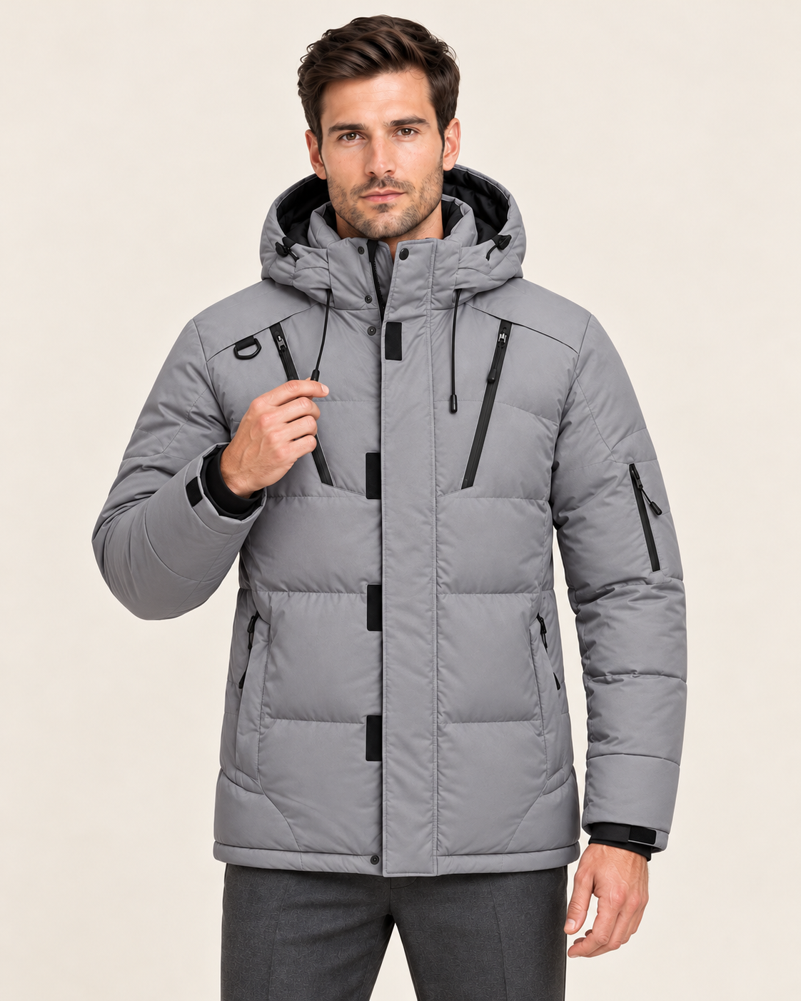 Men's Waterproof Hooded Puffer Jacket with Zip Chest Pockets in Grey