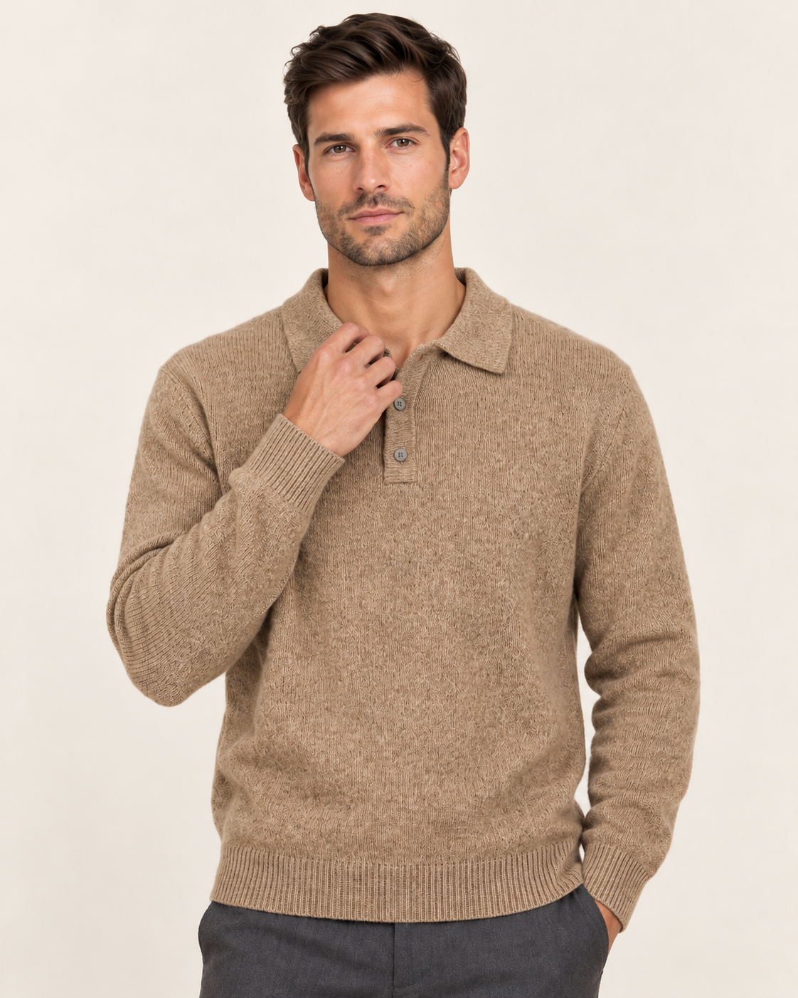 Men's Knit Polo Jumper with Three Button Collar and Ribbed Hem