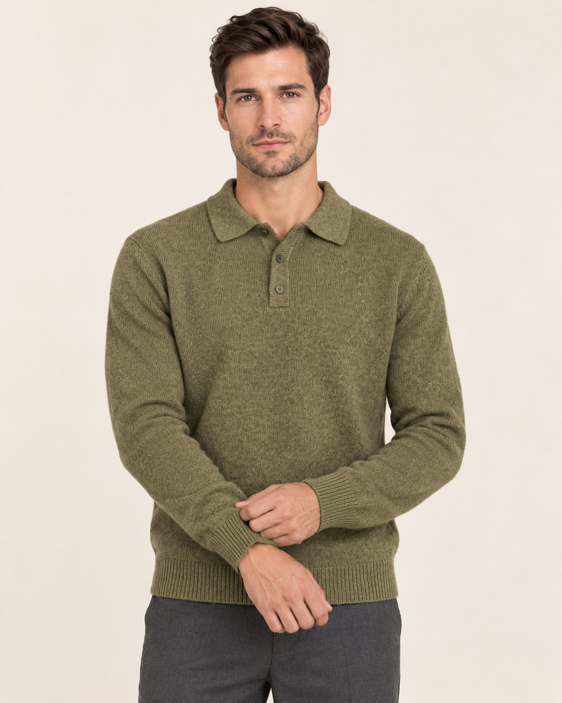 Men's Knit Polo Jumper with Three Button Collar and Ribbed Hem