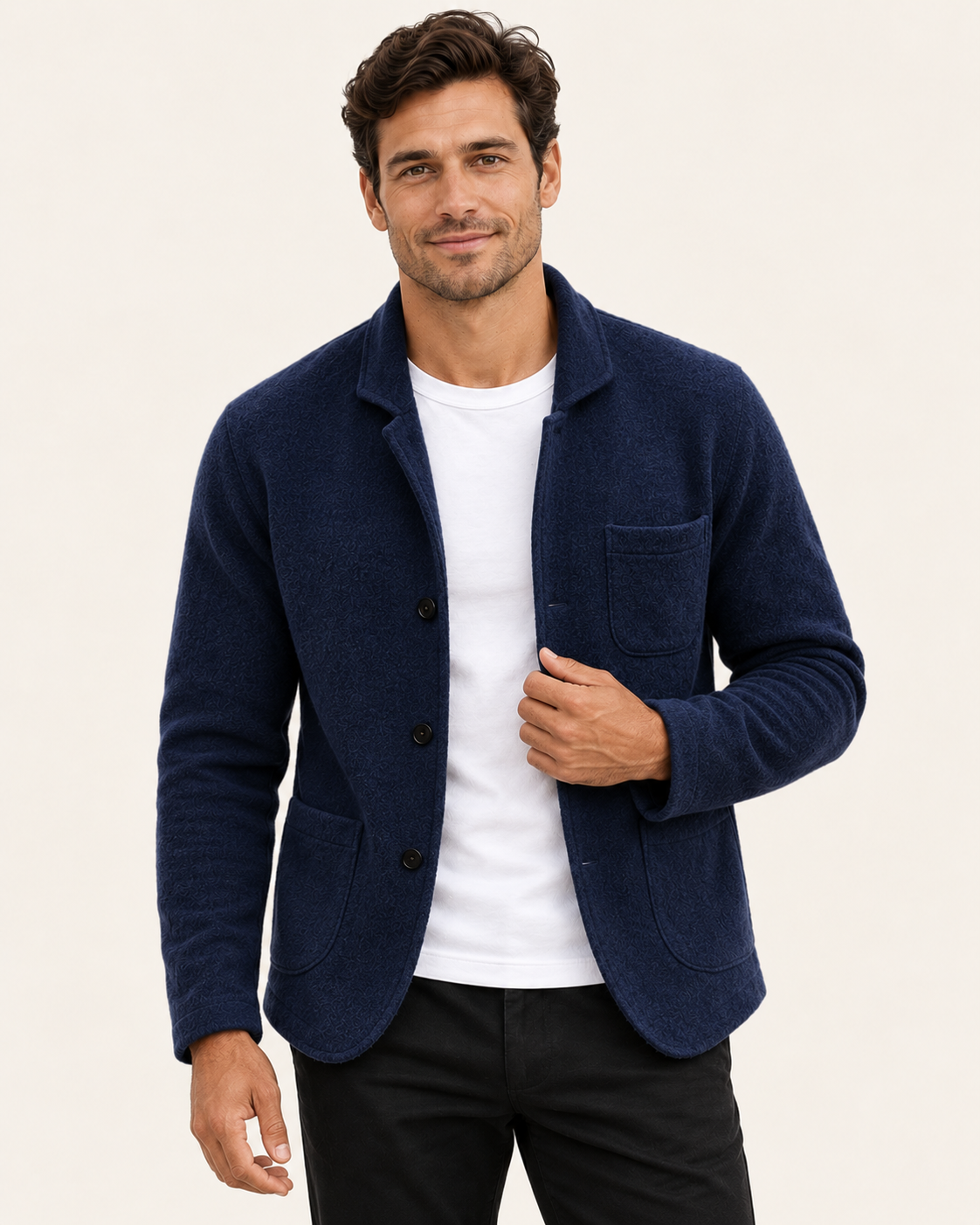 Men's Knitted Blazer With Patch Pockets in Navy