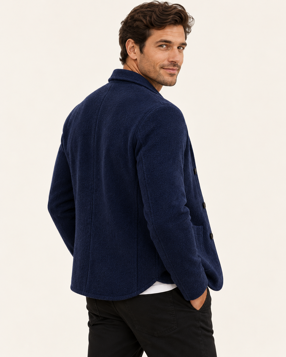 Men's Knitted Blazer With Patch Pockets in Navy, back view