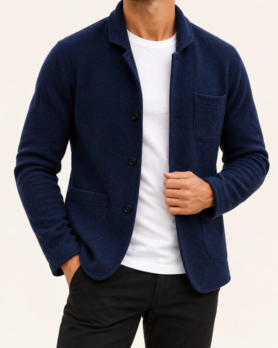 Men's Knitted Blazer With Patch Pockets in Navy, close up