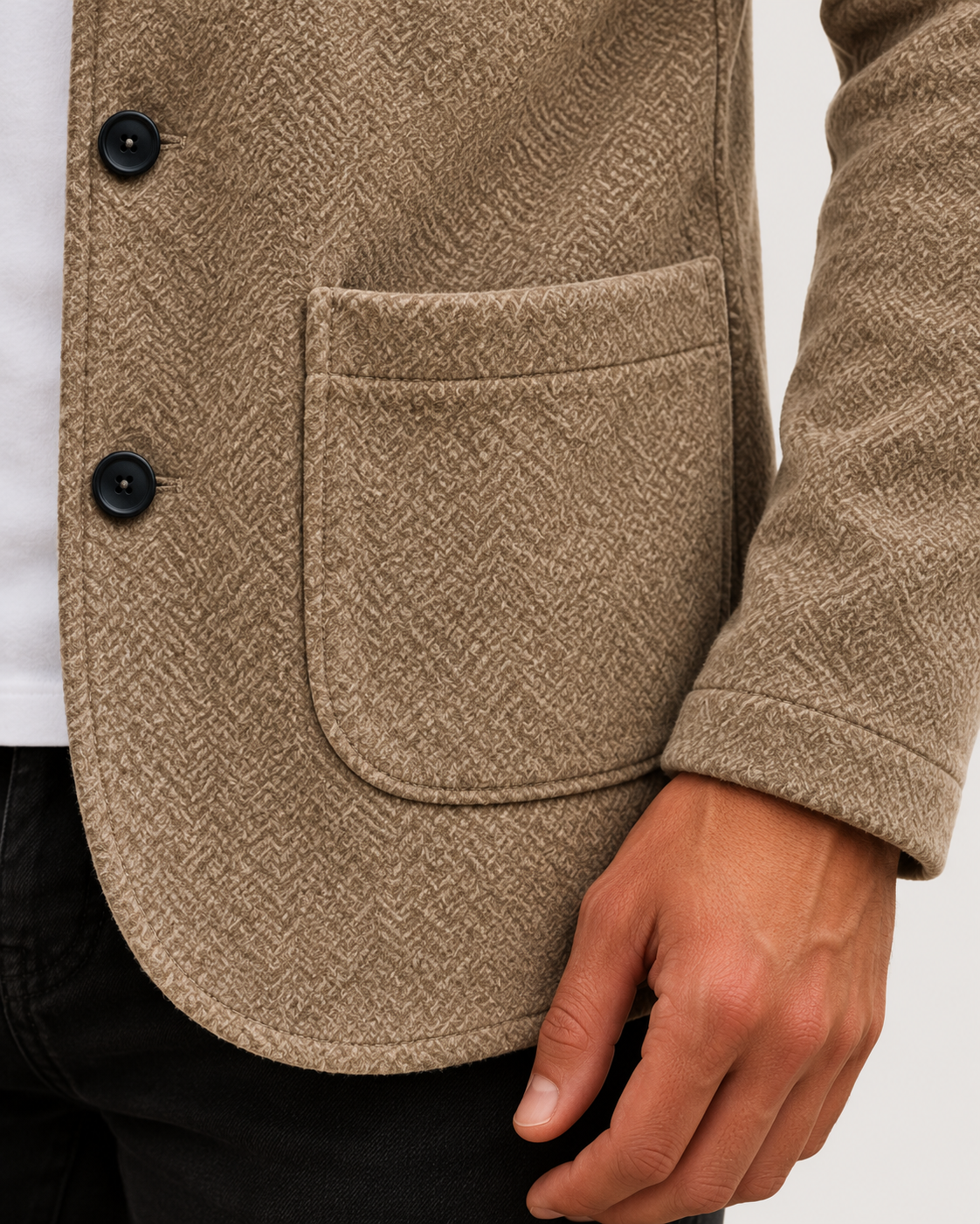 Men's Knitted Blazer With Patch Pockets in Beige, pocket detail