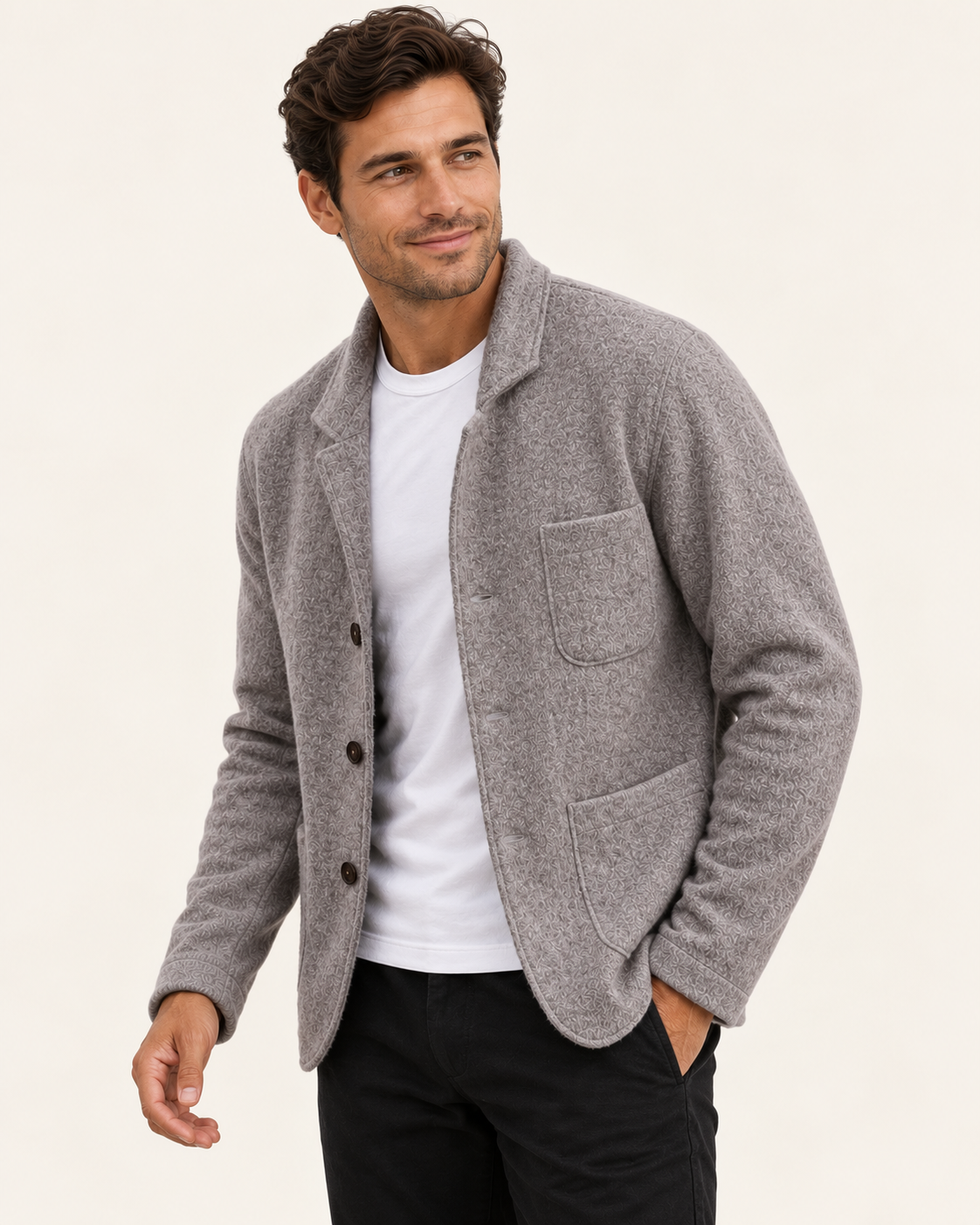Men's Knitted Blazer With Patch Pockets in Grey, side view