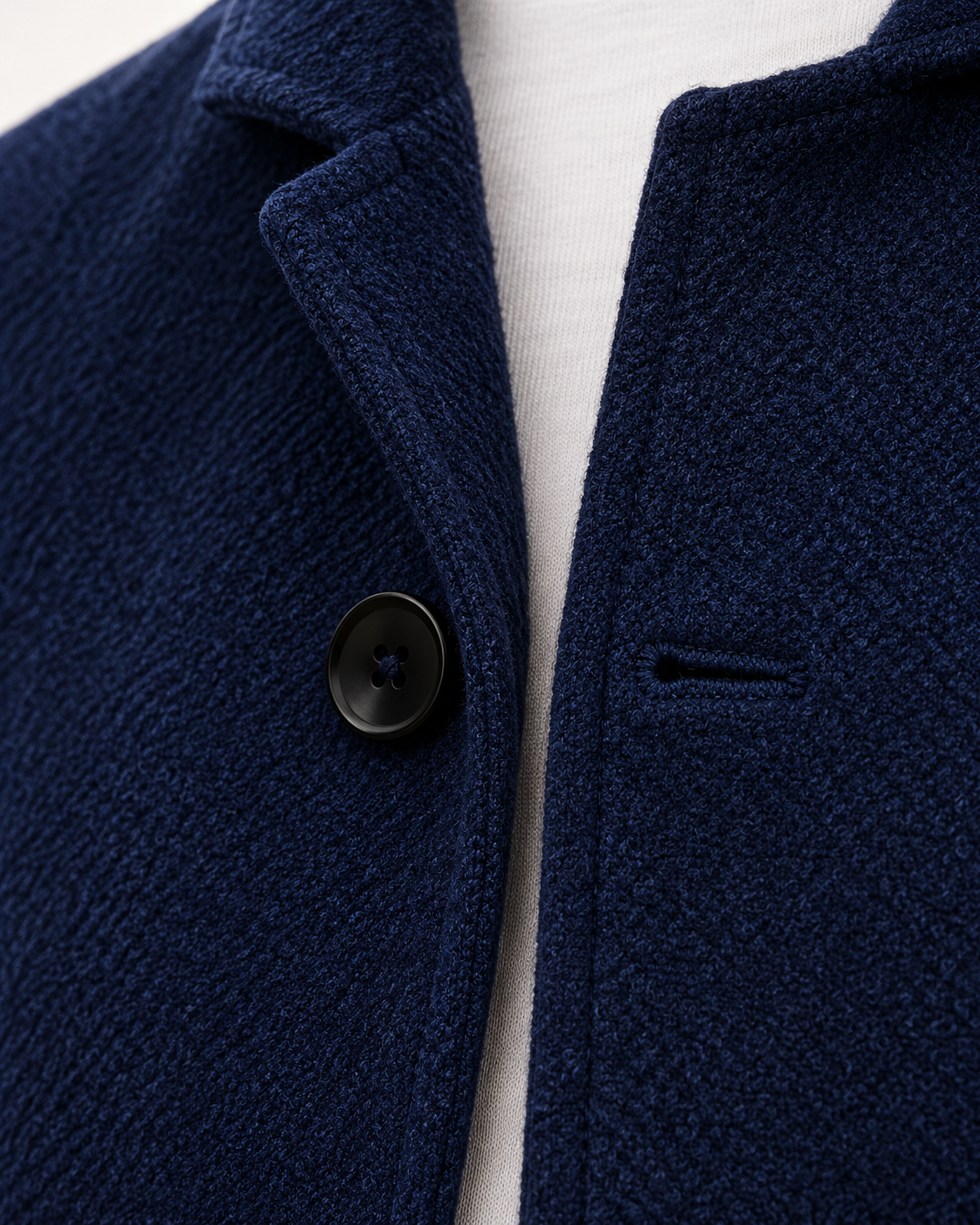 Men's Knitted Blazer With Patch Pockets in Navy, button detail
