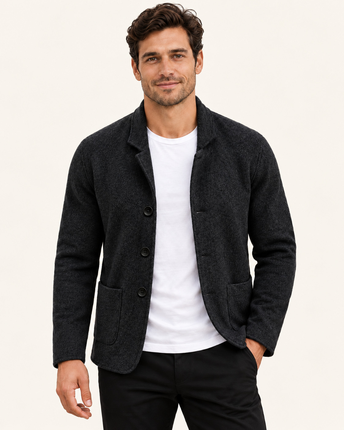 Men's Knitted Blazer With Patch Pockets in Black