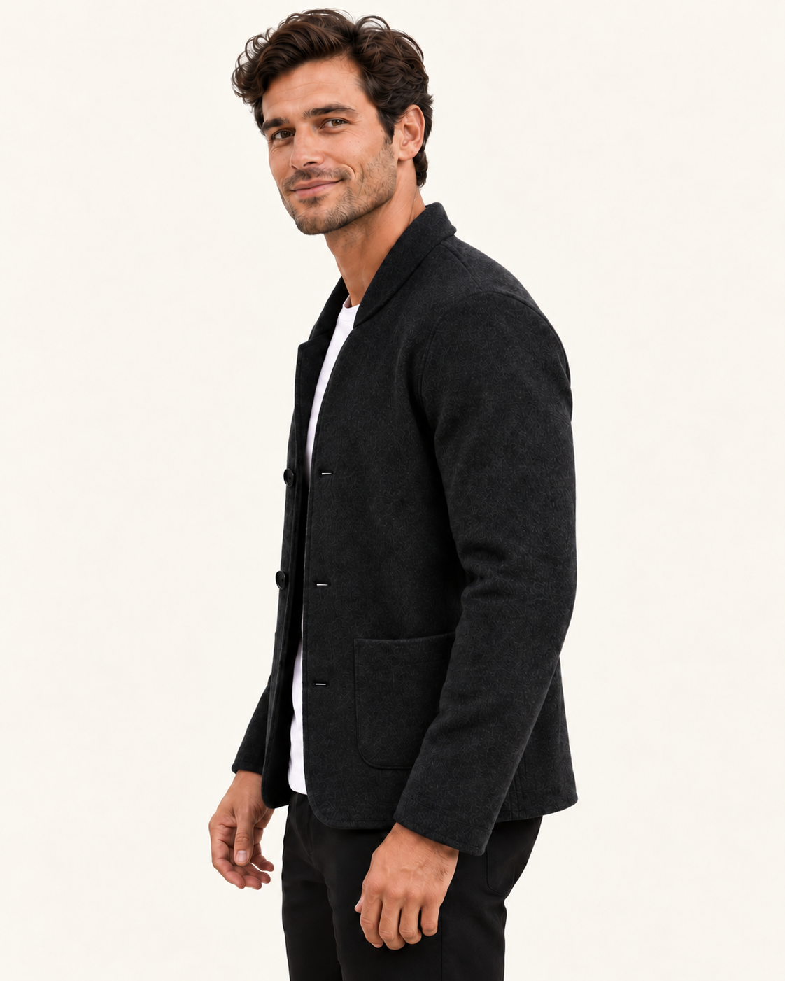 Men's Knitted Blazer With Patch Pockets in Black, side view