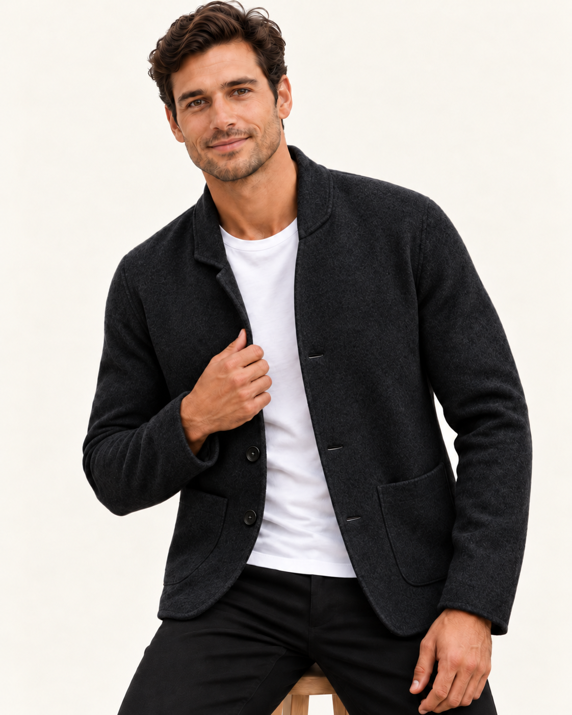 Men's Knitted Blazer With Patch Pockets in Black, close up