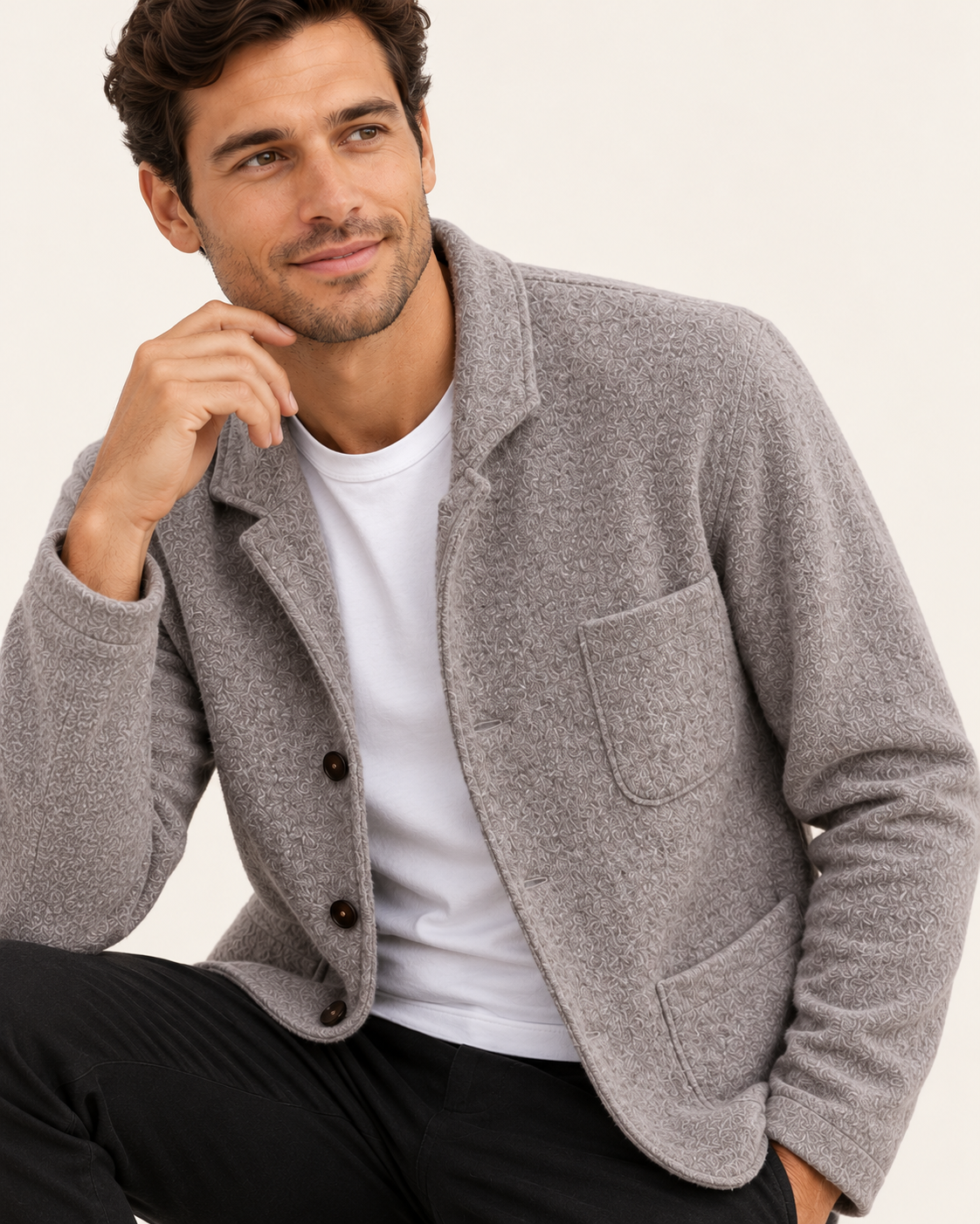 Men's Knitted Blazer With Patch Pockets in Grey, close up