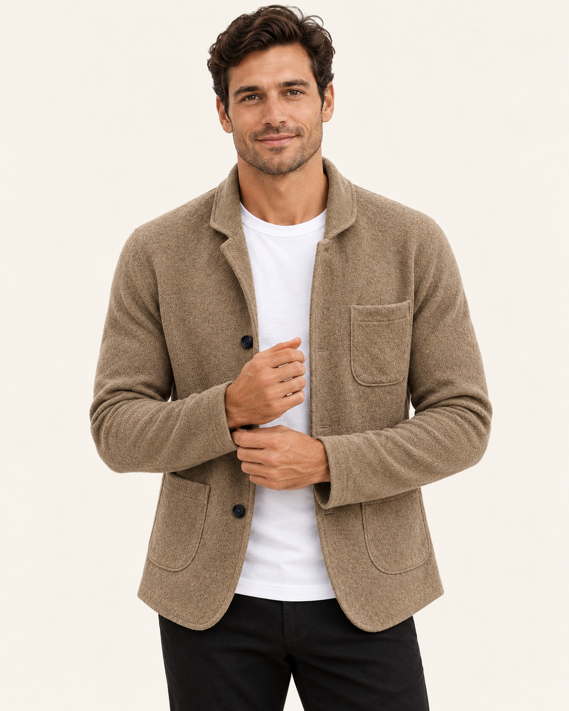 Men's Knitted Blazer With Patch Pockets in Beige