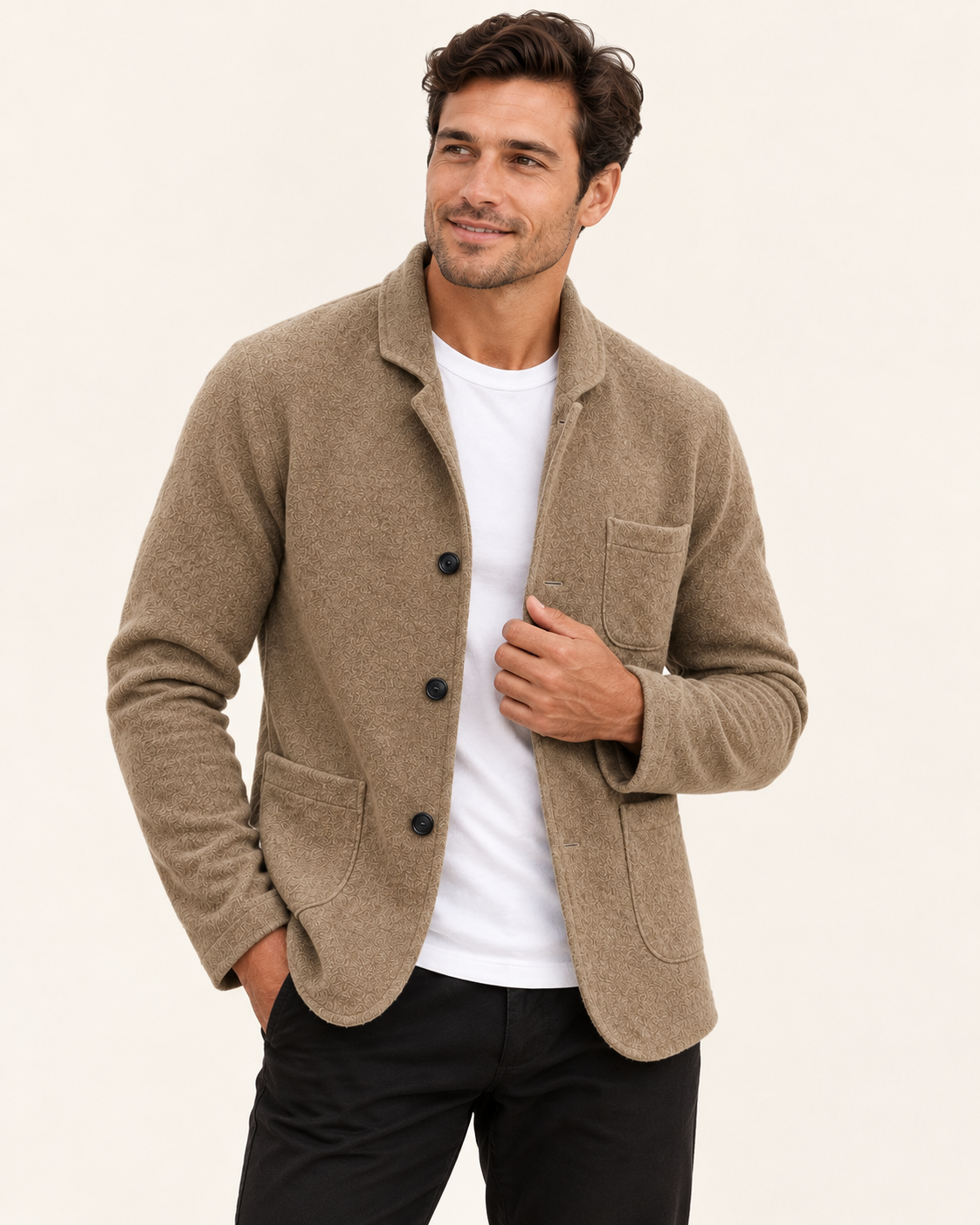 Men's Knitted Blazer With Patch Pockets in Beige, side view