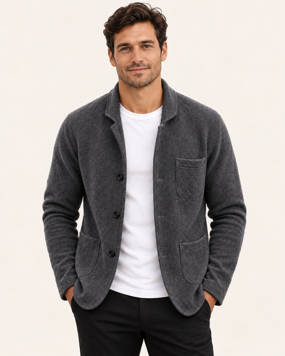 Men's Knitted Blazer With Patch Pockets in Dark Grey