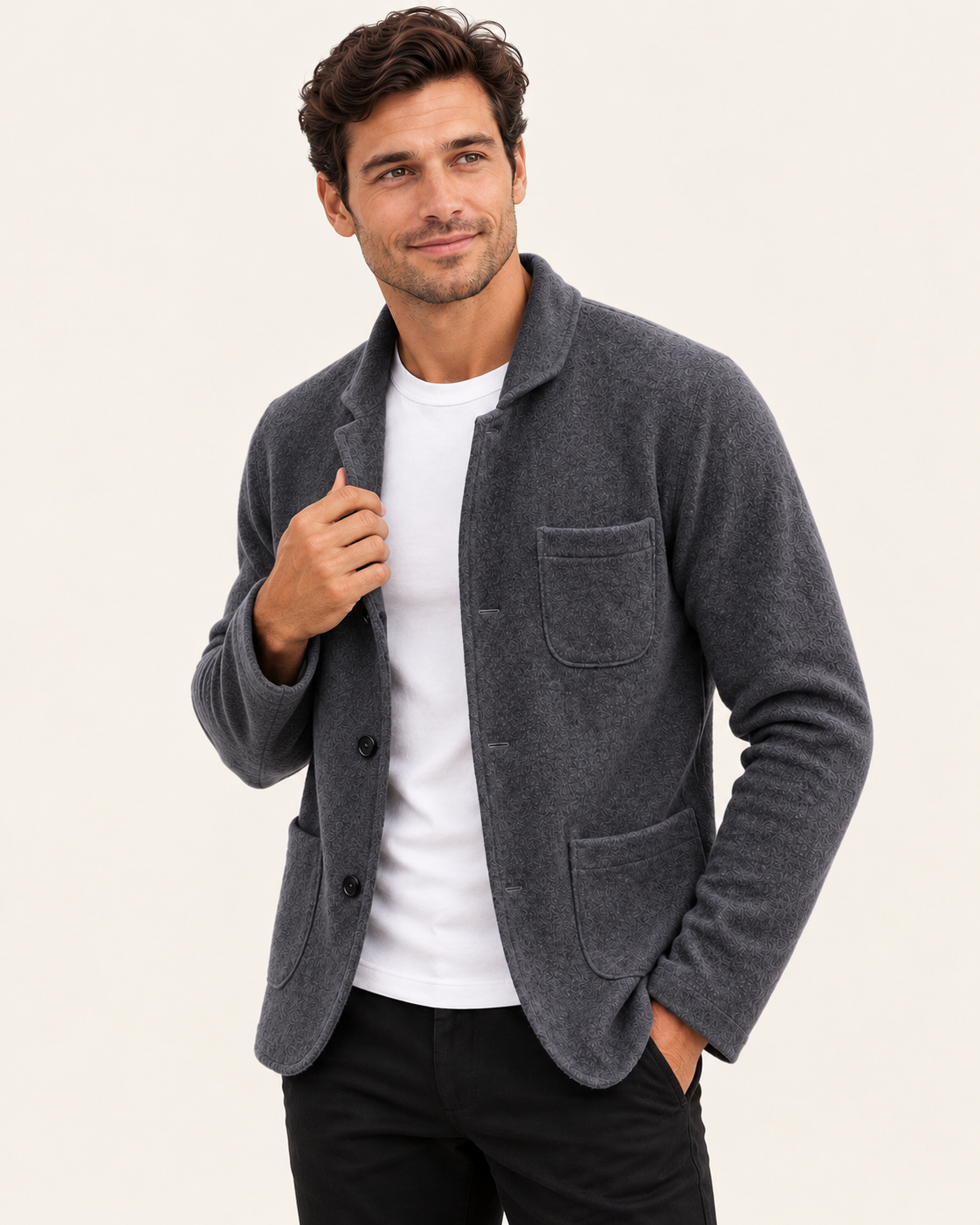 Men's Knitted Blazer With Patch Pockets in Dark Grey, side view
