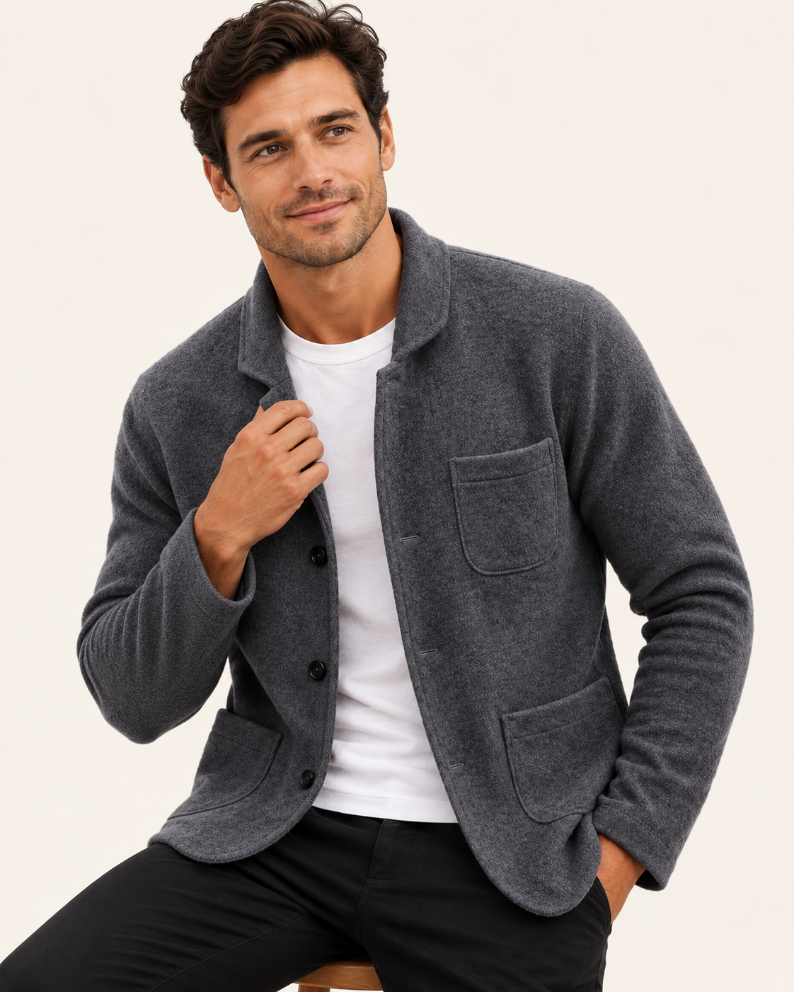 Men's Knitted Blazer With Patch Pockets in Dark Grey, close up