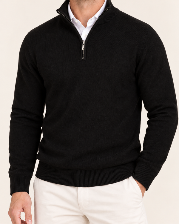 Men's Soft Knit Half Zip Pullover with Ribbed Trims in Black