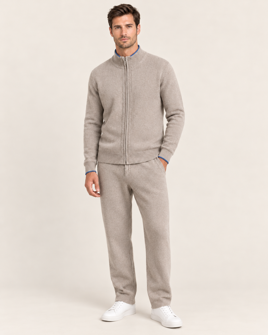 Men's Knitted Lounge Set with Zip Up Cardigan and Trousers in Oatmeal, front view