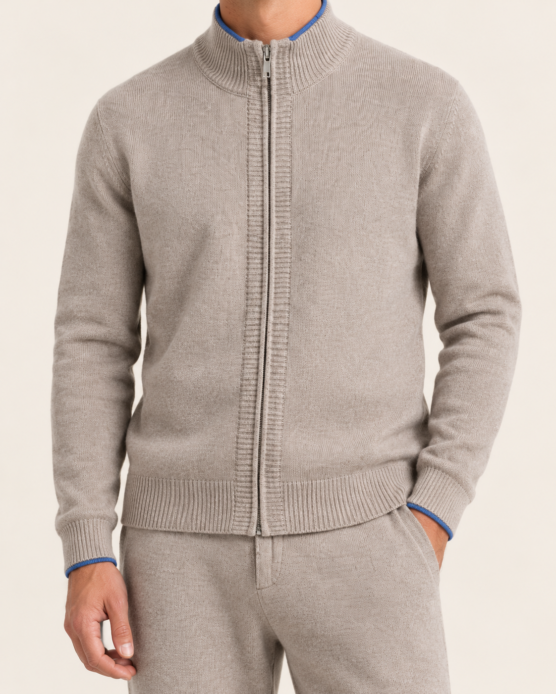 Men's Knitted Lounge Set with Zip Up Cardigan and Trousers in Oatmeal, cardigan collar and zip detail