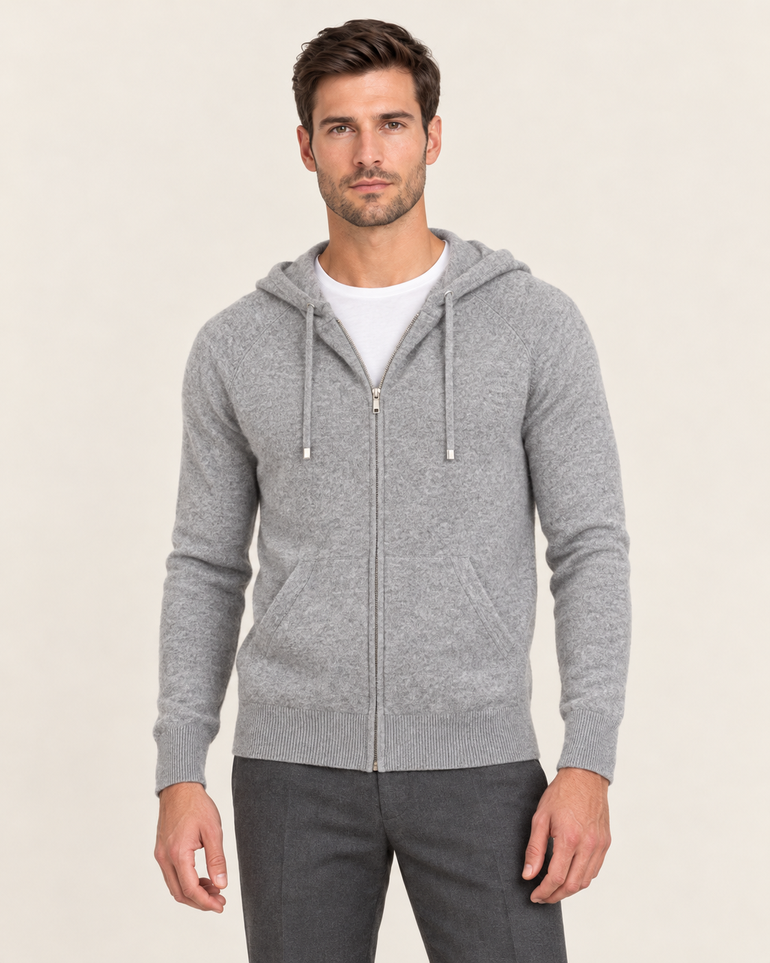 Men's Knitted Zip Up Hoodie in Grey with Front Pockets