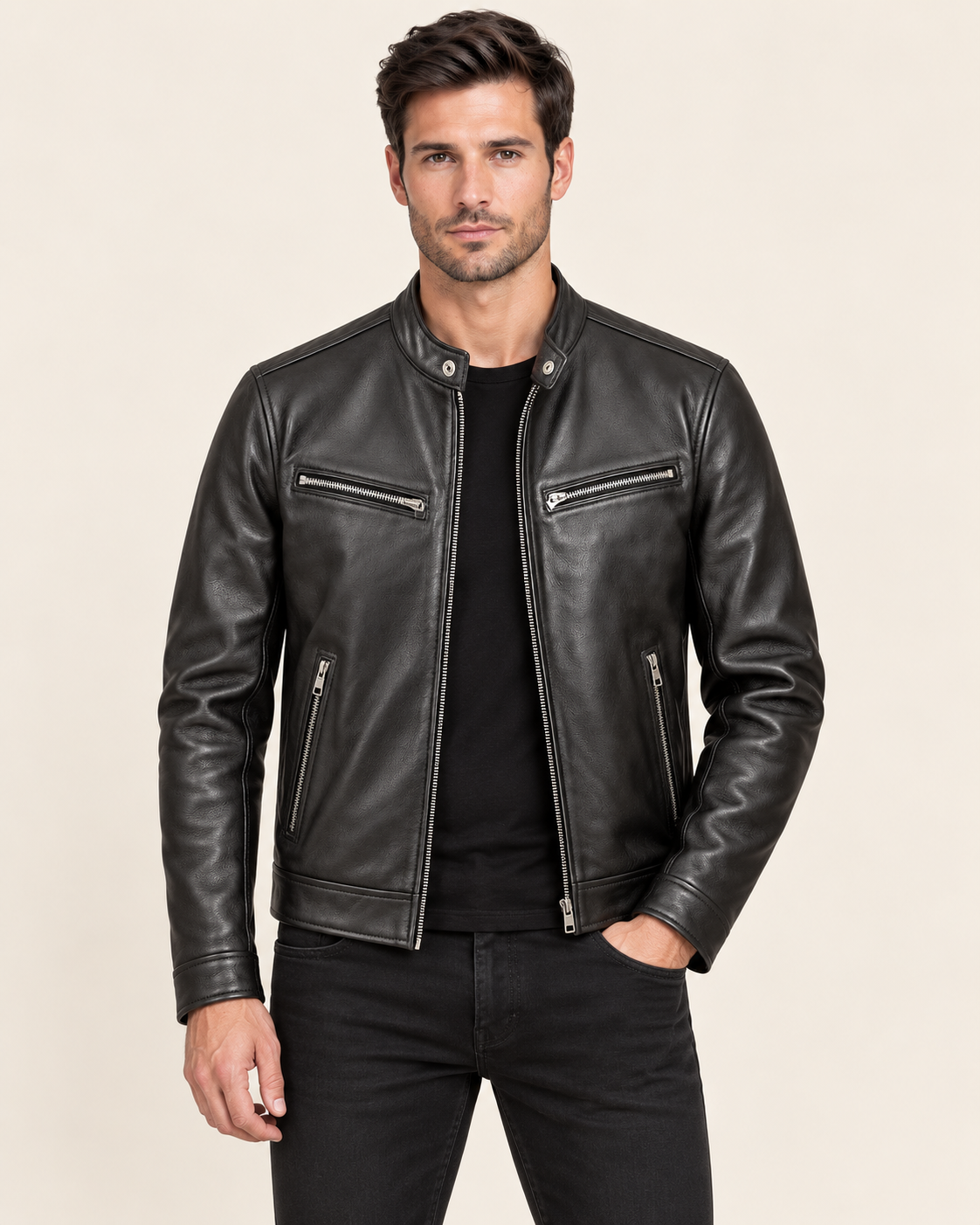 Men's Faux Leather Biker Jacket with Snap Collar and Zip Pockets in Black