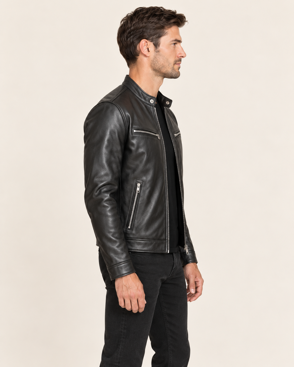 Men's Faux Leather Biker Jacket with Snap Collar and Zip Pockets