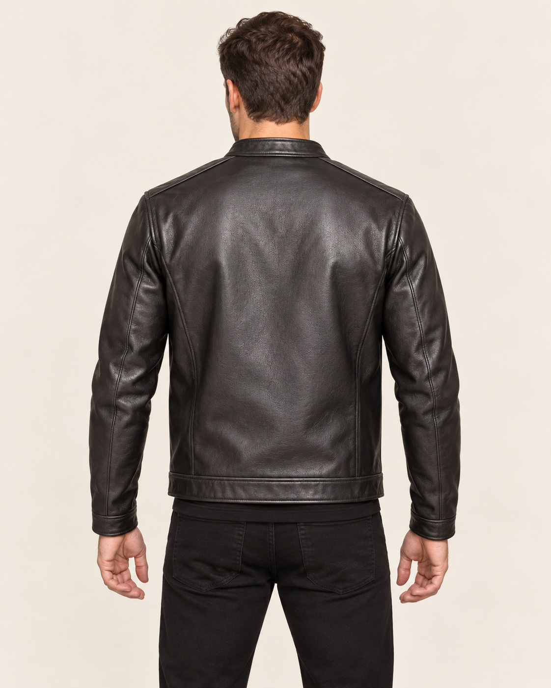 Men's Faux Leather Biker Jacket with Snap Collar and Zip Pockets