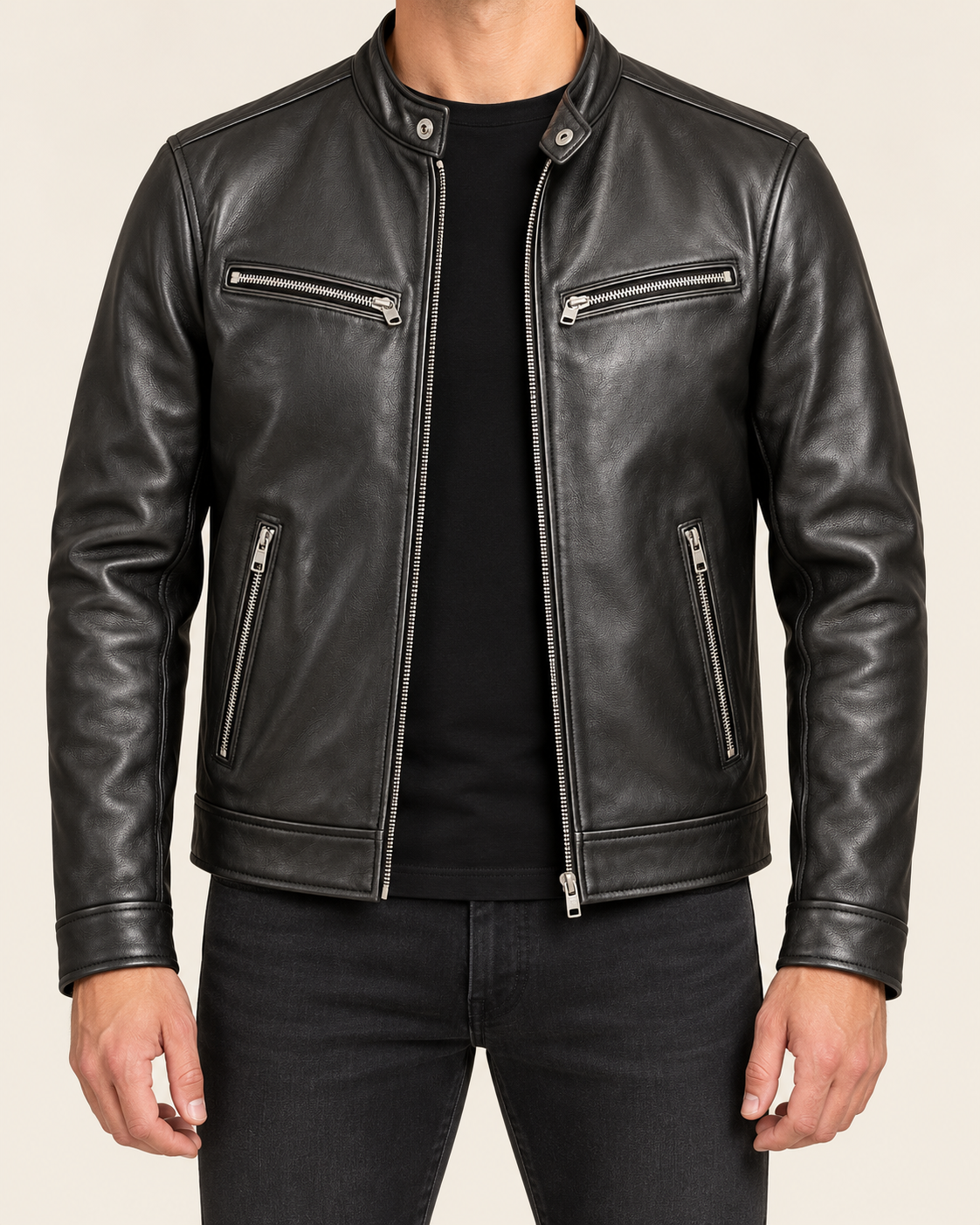 Men's Faux Leather Biker Jacket with Snap Collar and Zip Pockets