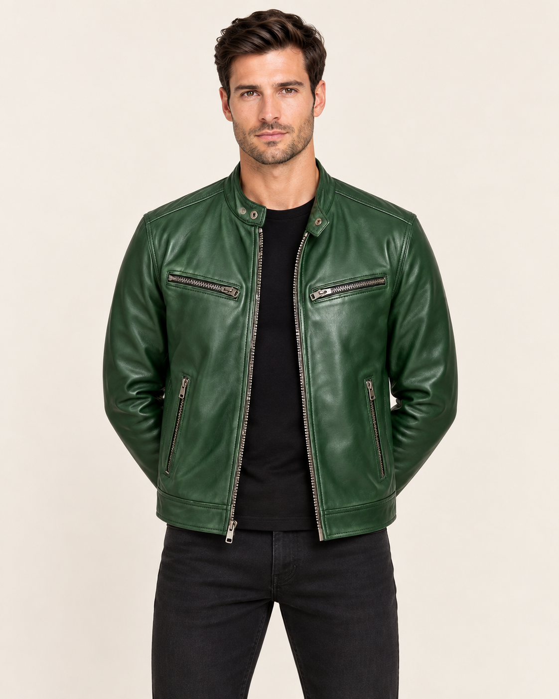 Men's Faux Leather Biker Jacket with Snap Collar and Zip Pockets in Green