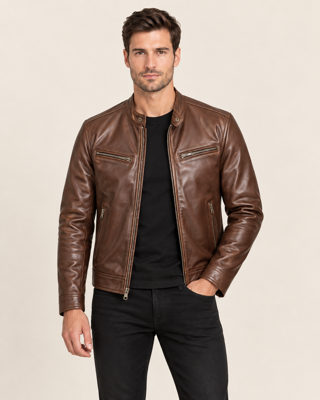 Men's Faux Leather Biker Jacket with Snap Collar and Zip Pockets in Brown
