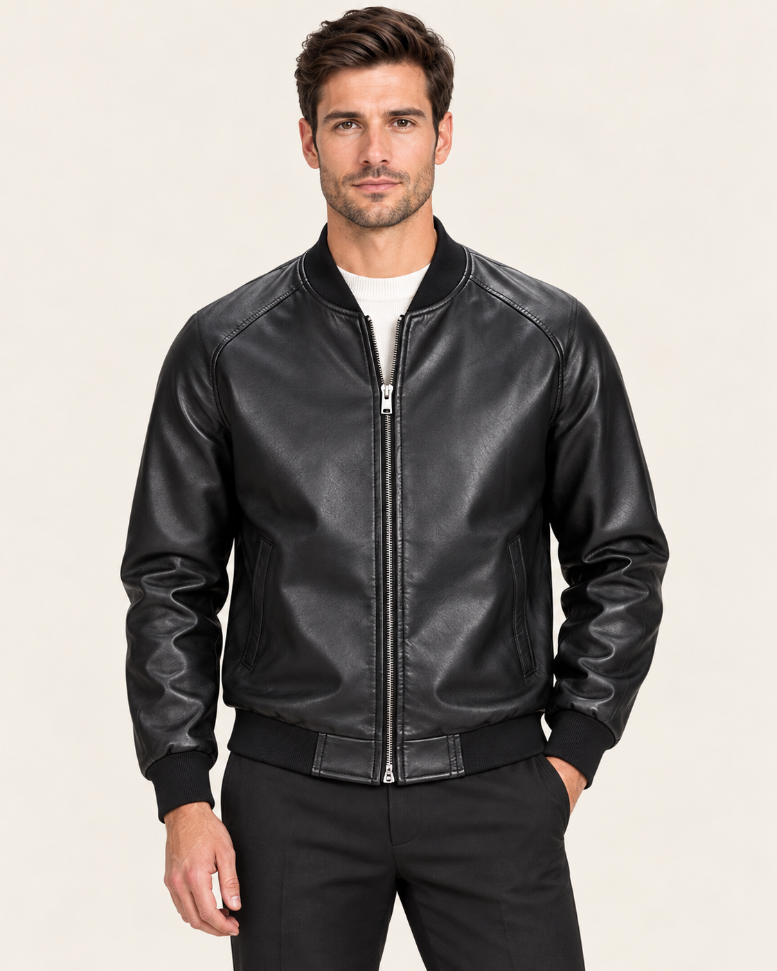 Men's Faux Leather Bomber Jacket with Ribbed Collar in Black