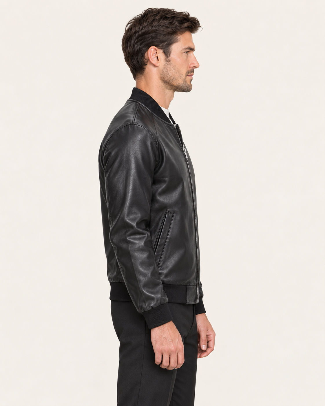 Men's Faux Leather Bomber Jacket with Ribbed Collar