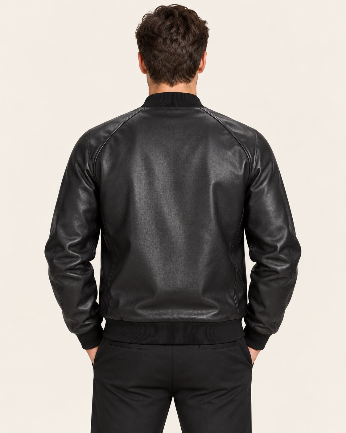 Men's Faux Leather Bomber Jacket with Ribbed Collar