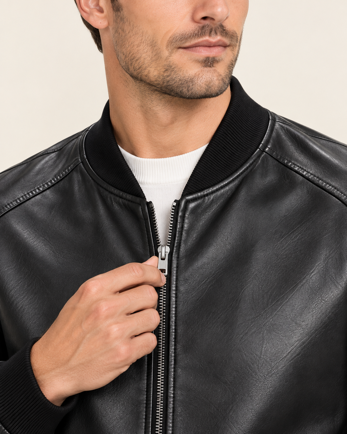 Men's Faux Leather Bomber Jacket with Ribbed Collar