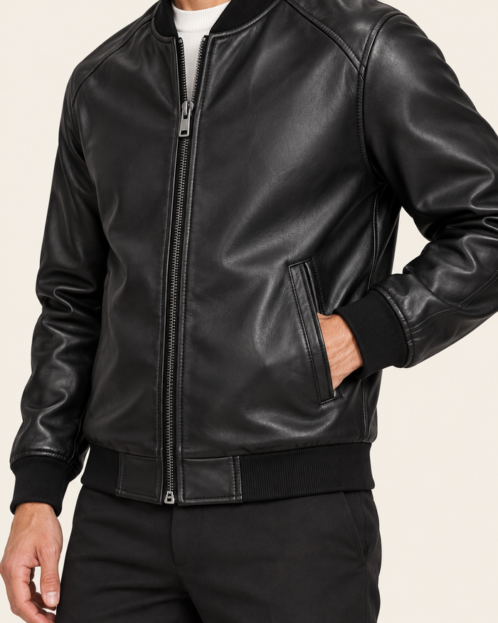 Men's Faux Leather Bomber Jacket with Ribbed Collar