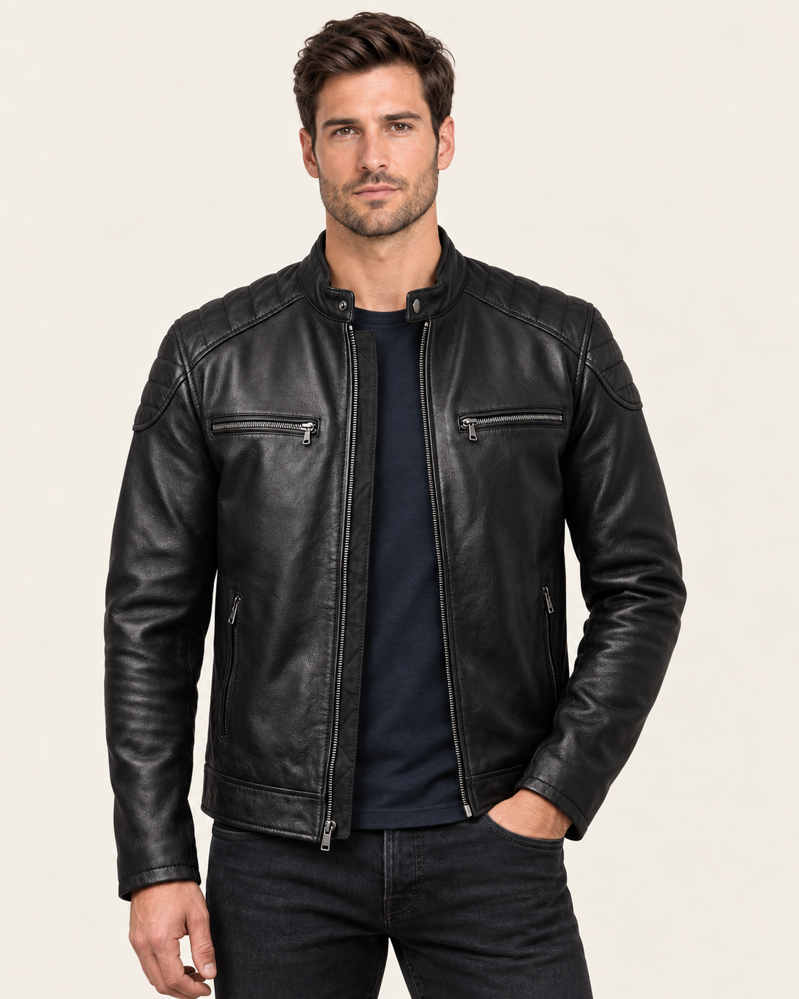 Men's Slim Fit Faux Leather Biker Jacket with Quilted Shoulders in Black