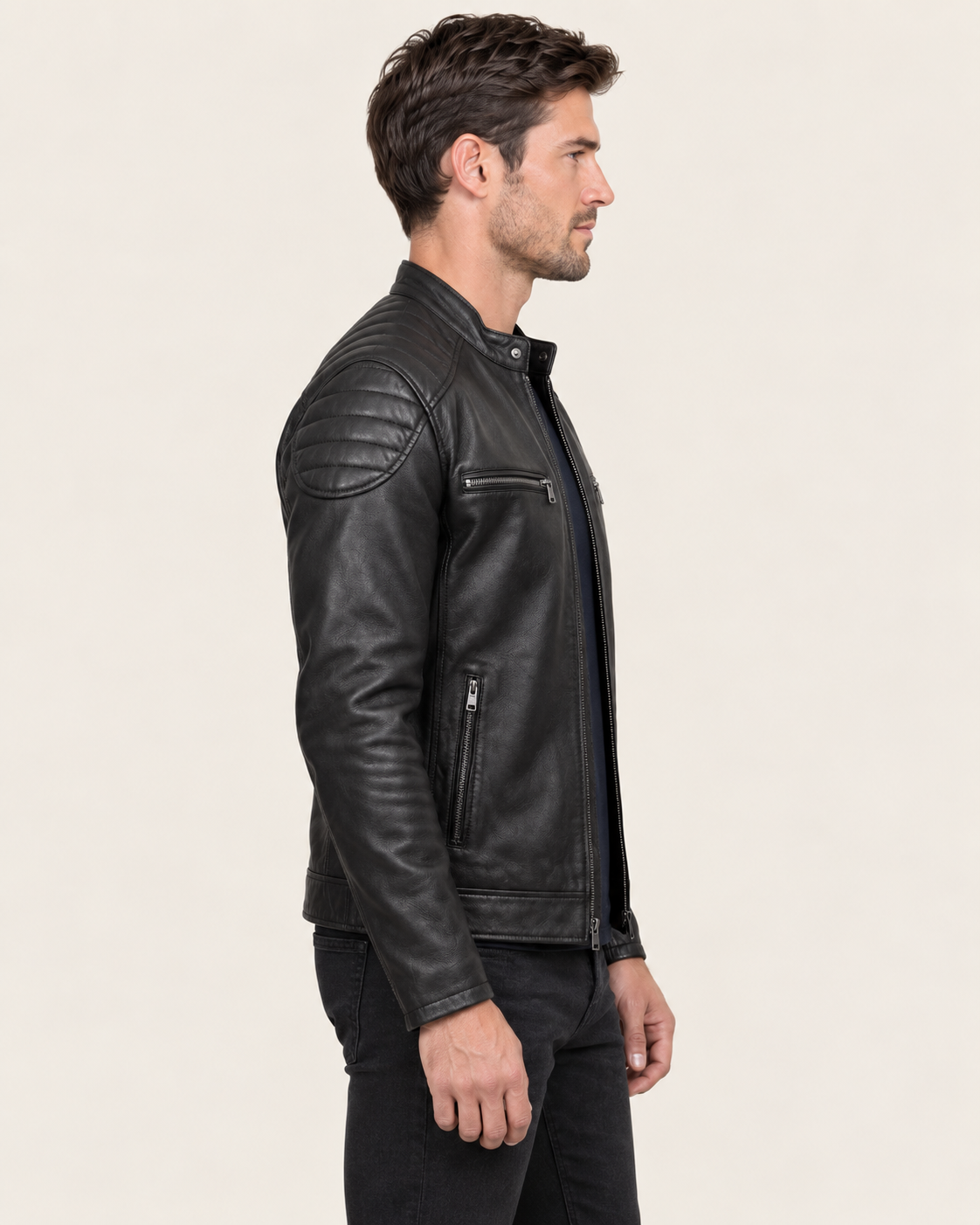 Men's Slim Fit Faux Leather Biker Jacket with Quilted Shoulders