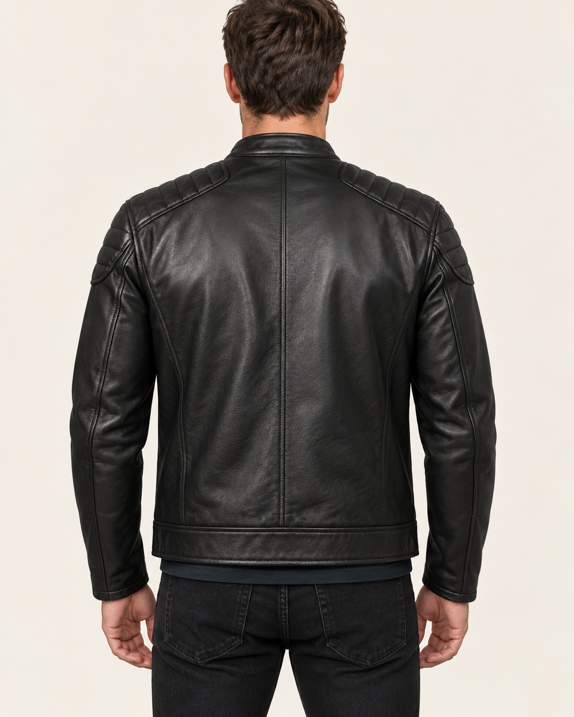 Men's Slim Fit Faux Leather Biker Jacket with Quilted Shoulders
