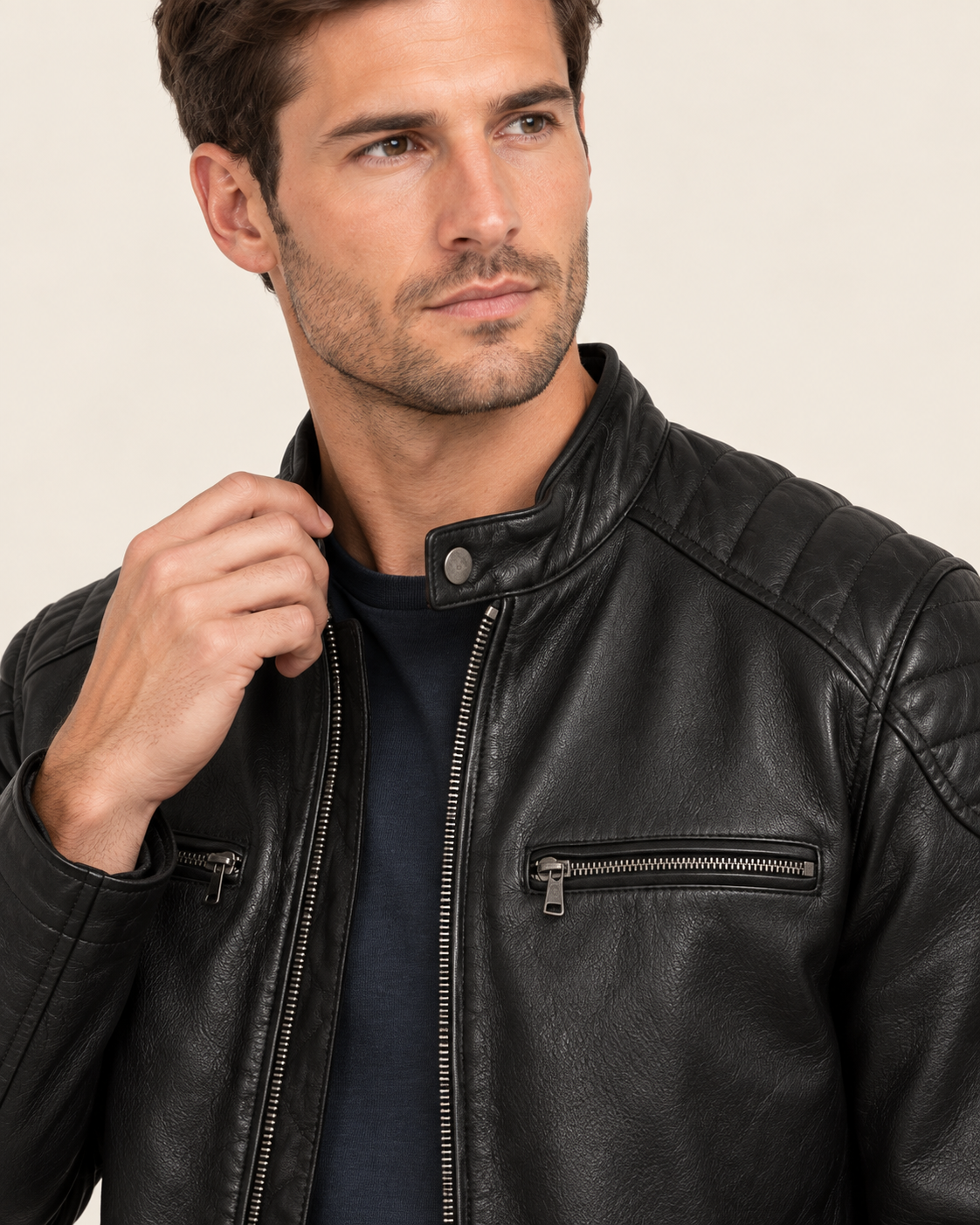 Men's Slim Fit Faux Leather Biker Jacket with Quilted Shoulders