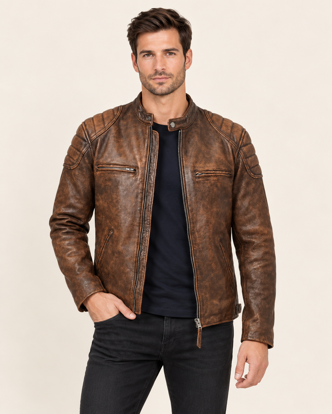 Men's Slim Fit Faux Leather Biker Jacket with Quilted Shoulders in Coffee Brown
