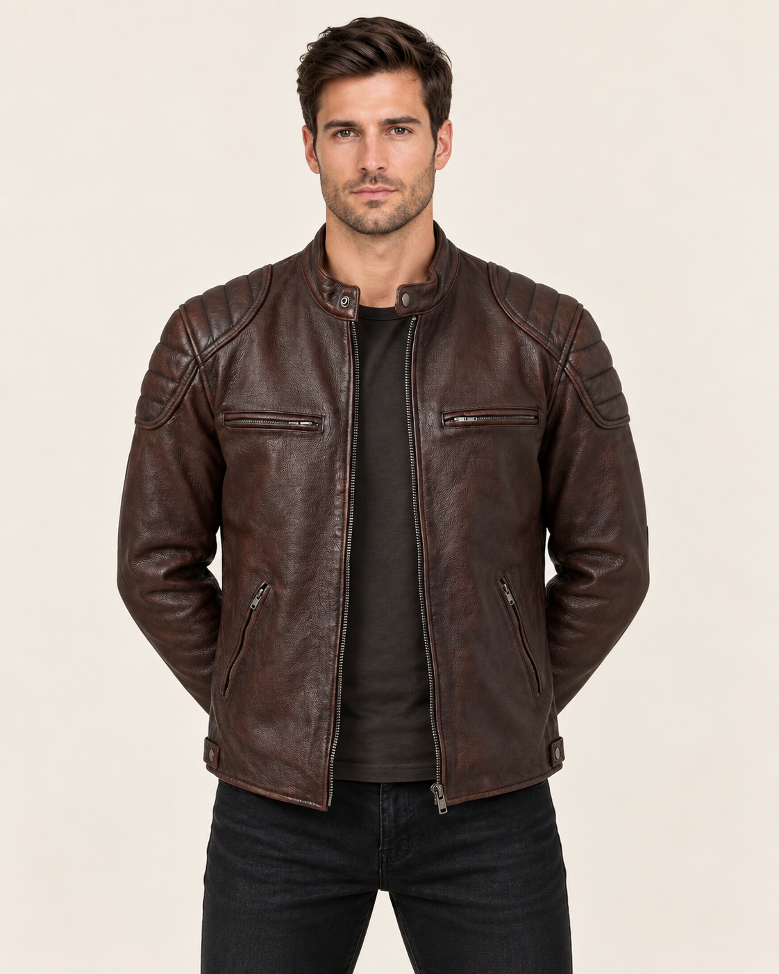 Men's Slim Fit Faux Leather Biker Jacket with Quilted Shoulders in Dark Brown