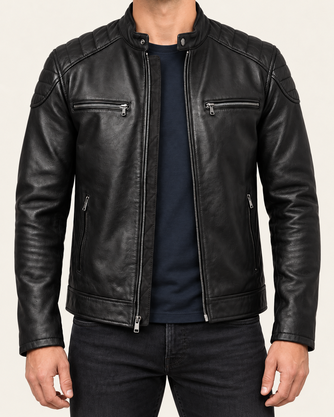 Men's Slim Fit Faux Leather Biker Jacket with Quilted Shoulders