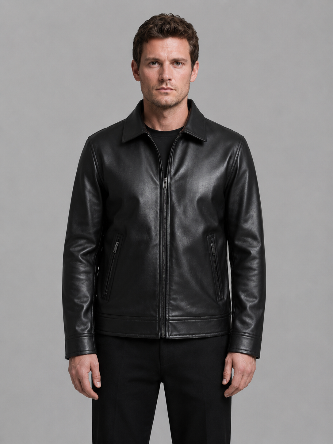 Men's Classic Faux Leather Jacket Regular Fit Zip Pockets Casual Everyday