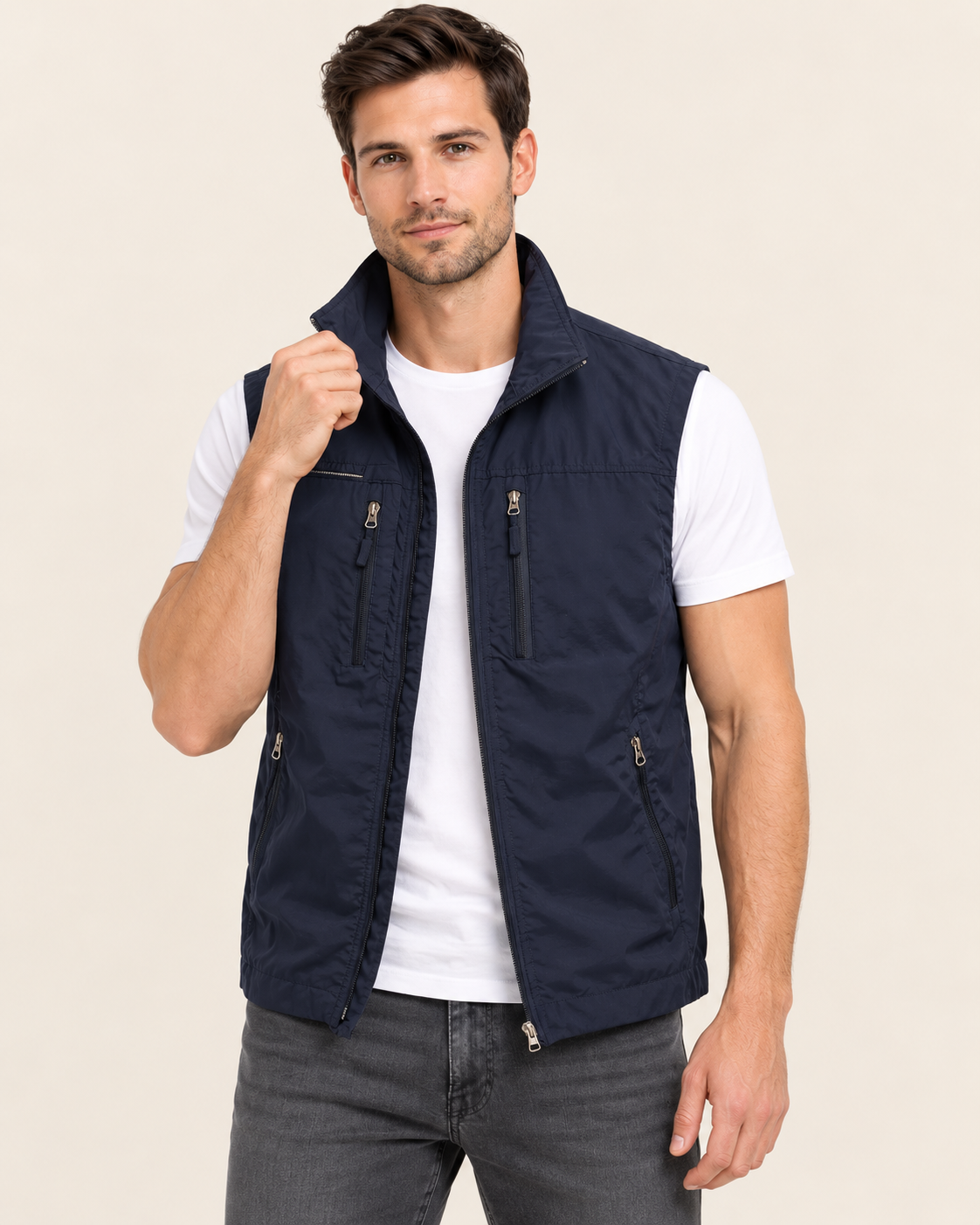 Men's Lightweight Gilet with Stand Collar and Zip Pockets in Navy