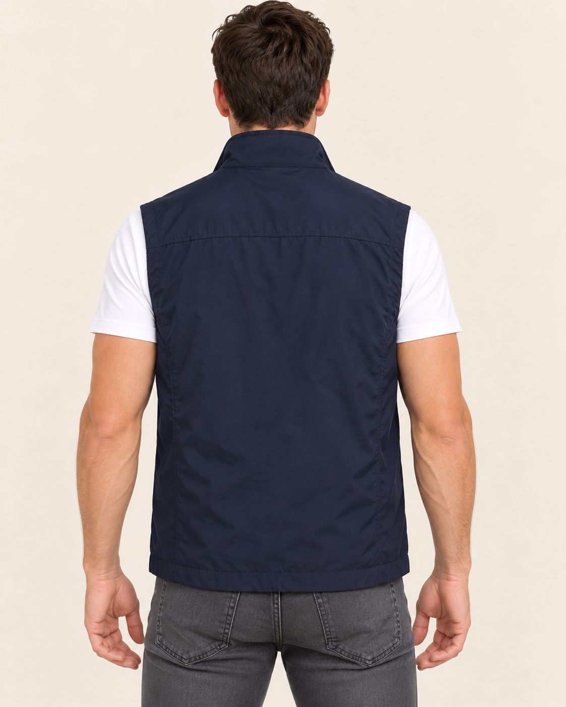 Men's Lightweight Gilet with Stand Collar and Zip Pockets in Navy, back view