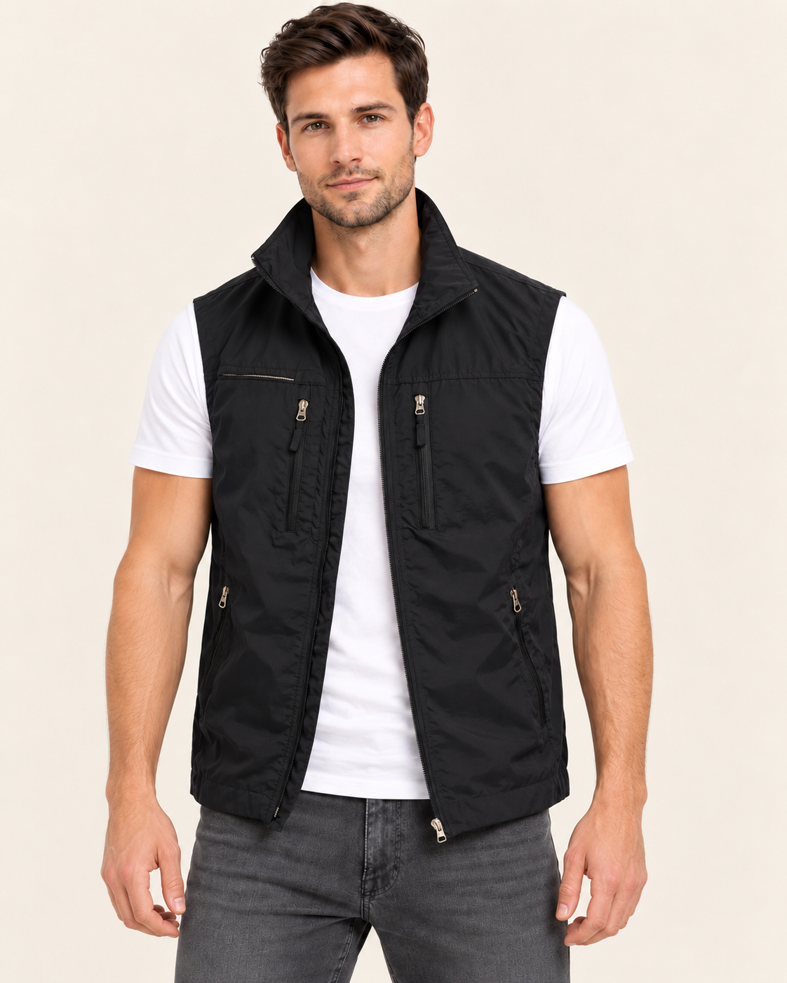 Men's Lightweight Gilet with Stand Collar and Zip Pockets in Black