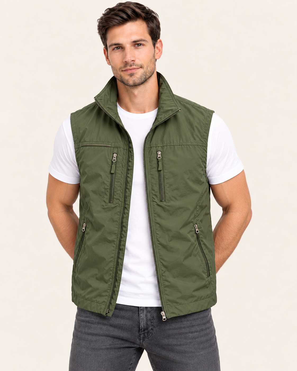 Men's Lightweight Gilet with Stand Collar and Zip Pockets in Green