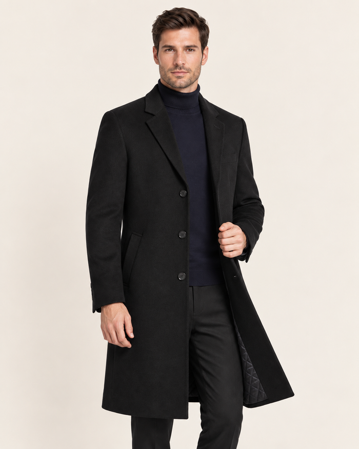 Men's Long Single Breasted Overcoat with Notch Lapel in Black