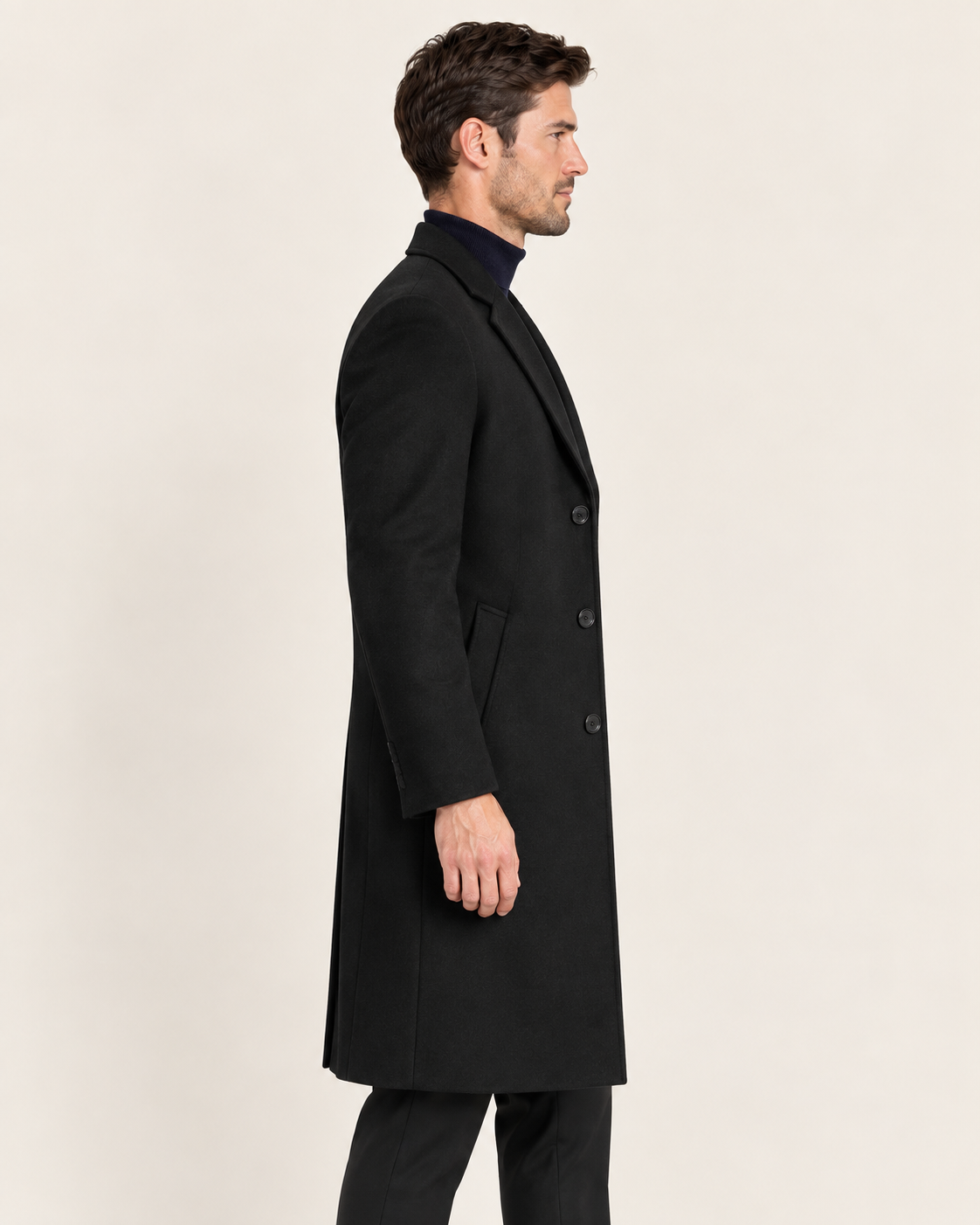 Men's Long Single Breasted Overcoat with Notch Lapel in Black, side view