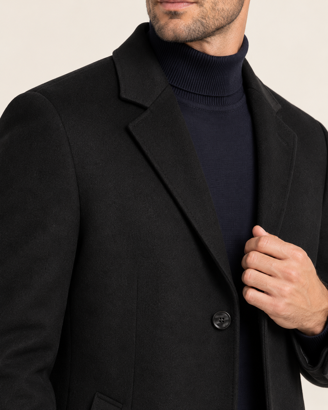 Men's Long Single Breasted Overcoat with Notch Lapel in Black, close up