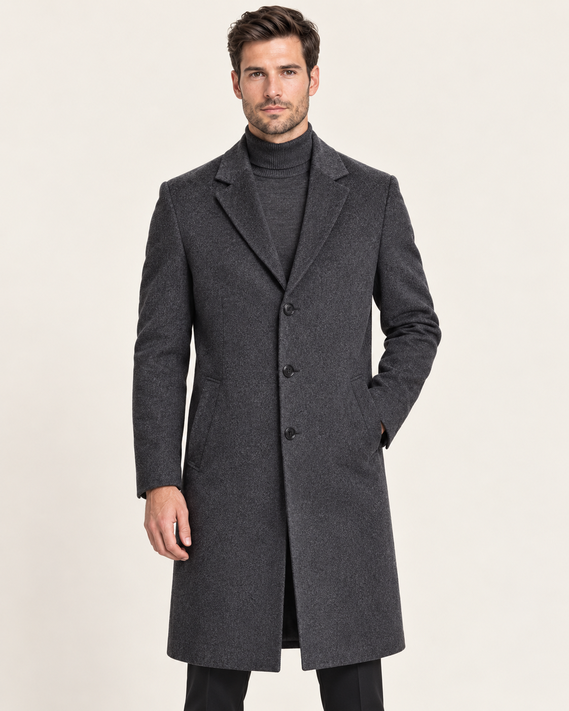 Men's Long Single Breasted Overcoat with Notch Lapel in Grey
