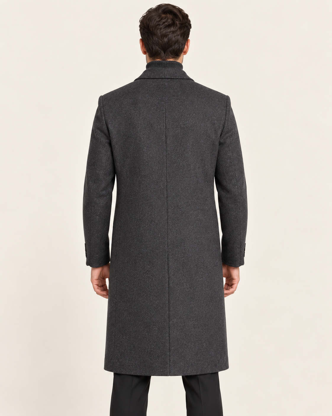 Men's Long Single Breasted Overcoat with Notch Lapel in Grey, back view